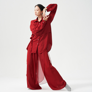 2025新款男女现代舞衬衫国庆红色舞蹈练功演出服上衣裤子套装