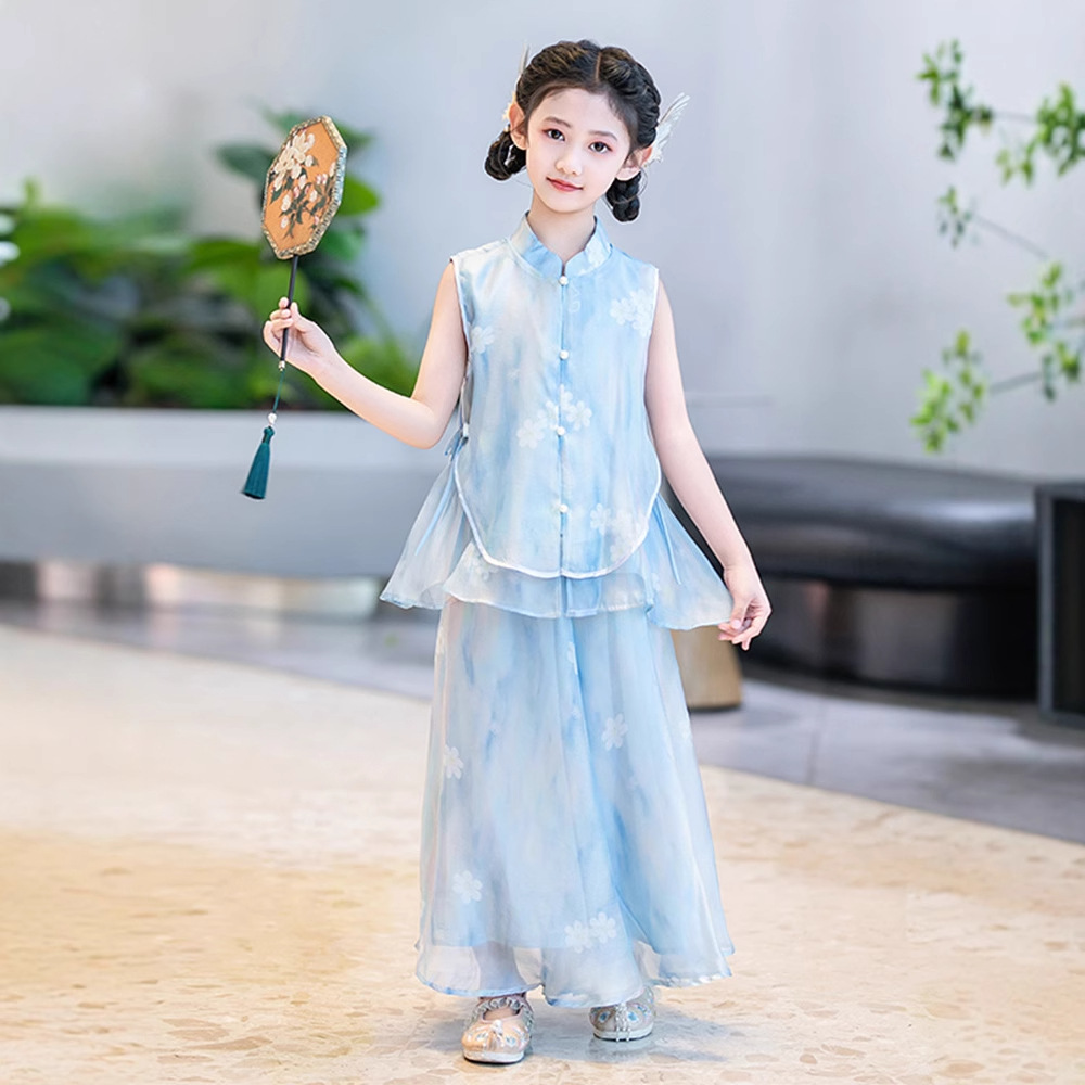 汉服男童古风唐装女童新中式夏青花瓷舞蹈幼儿园儿童演出服装毕