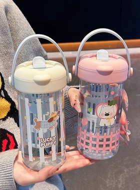 德国品质「可爱条纹」带提手高硼硅玻璃杯女耐热吸管杯便携水杯