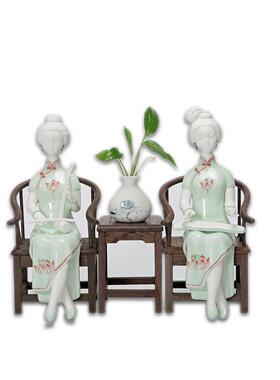 创意手绘陶瓷工艺品手绘仕女摆件书房客厅电视柜家居装饰品