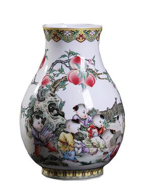 景德镇珐琅彩福筒乐在其中童子花中式陶瓷客厅家居摆件工艺品