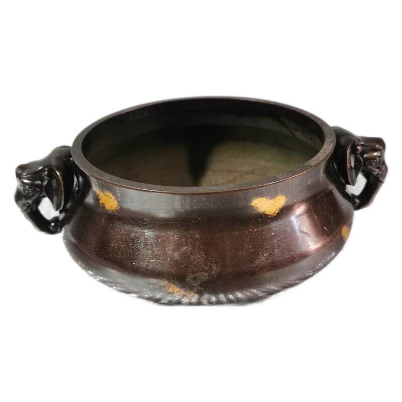 仿古香炉铜象耳平口炉黄铜仿紫铜色点金复古工艺家居装饰工艺品