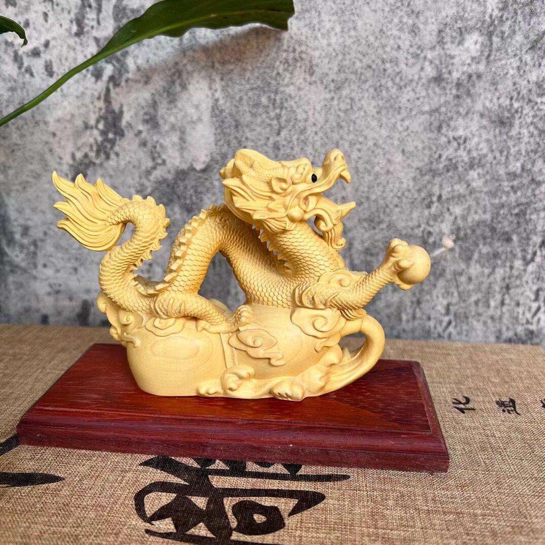 黄杨木雕刻龙摆件实木质生肖龙根雕客厅玄关装饰红木工艺品送礼