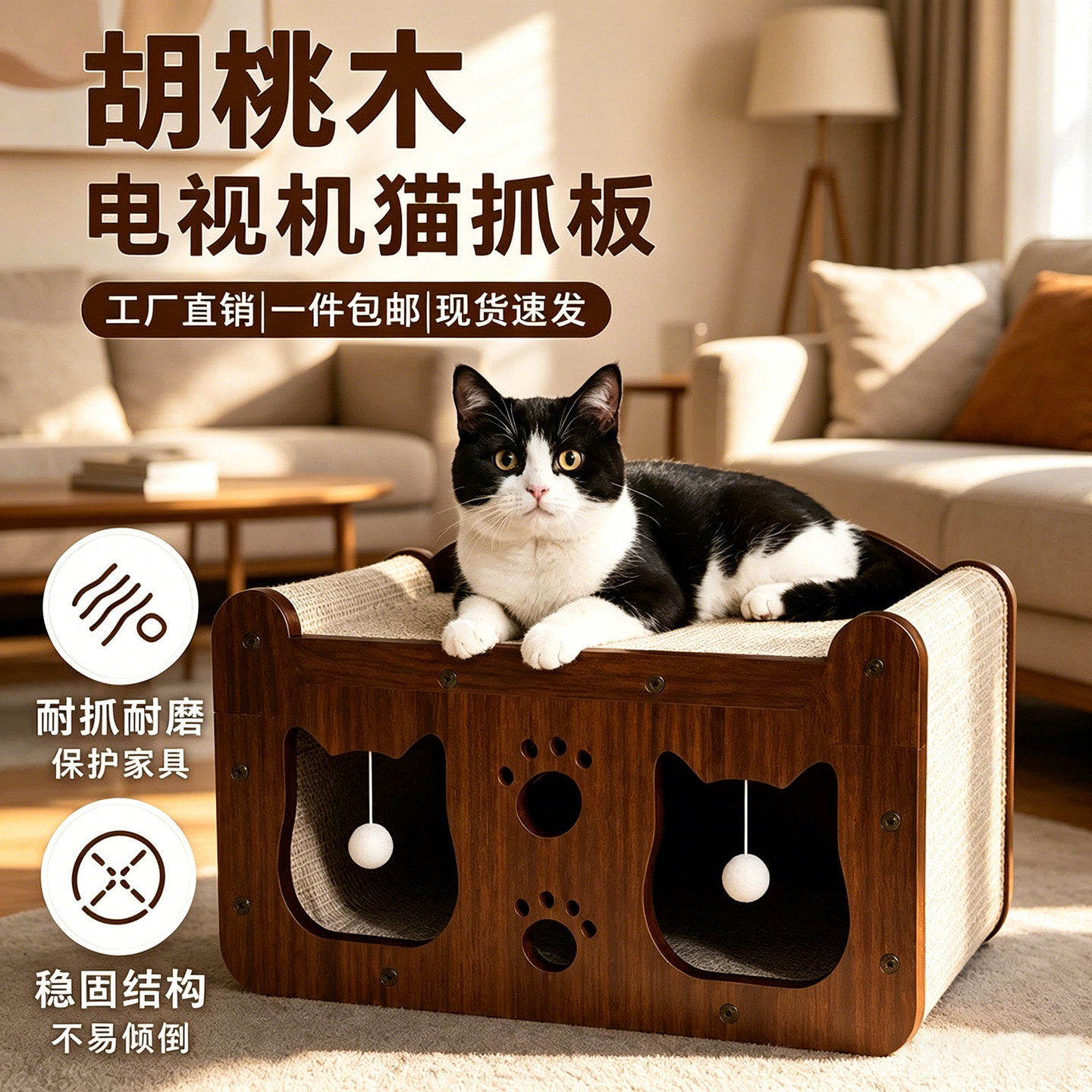 立式一体耐抓不掉屑胡桃木猫窝
