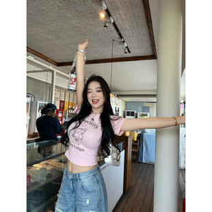 肉装小cherry 色彩出逃 时髦减龄正肩圆领微胖辣妹印花短袖T恤女