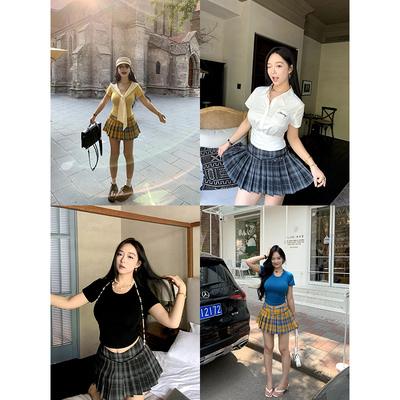 自带打底低腰格纹压褶A字半身裙