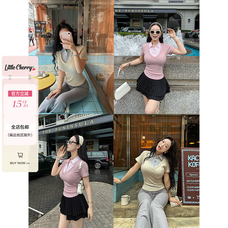 肉装小cherry 少女心愿 假两件衬衫领绣花短袖微胖修身上衣女两色
