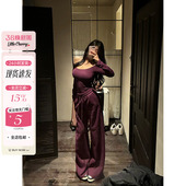 微胖套装 肉装 一字肩带胸垫上衣女宽松阔腿卫裤 冷雾紫藤 小cherry