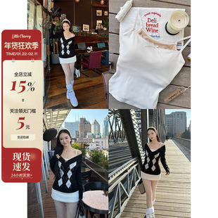 肉装小cherry 智性美人 微胖V领菱格纹毛衣/带胸垫可调节吊带背心