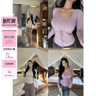 氛围感微胖显瘦方领减龄花边设计系带毛衣 暖柔粉漾 肉装 小cherry