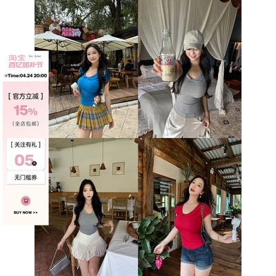 减龄娃娃领短袖上衣多色针织T恤