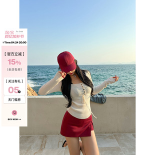 肉装小cherry 韩系温柔 方领排扣微胖百搭镂空系带设计毛织上衣女