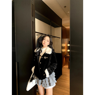 肉装小cherry 冬日重逢 微胖菱格小香丝绒棉服外套女冬翻领厚棉衣