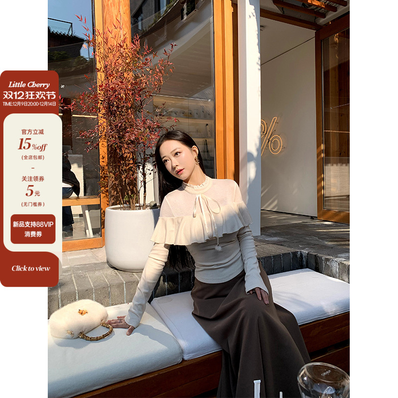 肉装小cherry 微胖一字肩荷叶边针织上衣/中高腰半身长裙千金套装