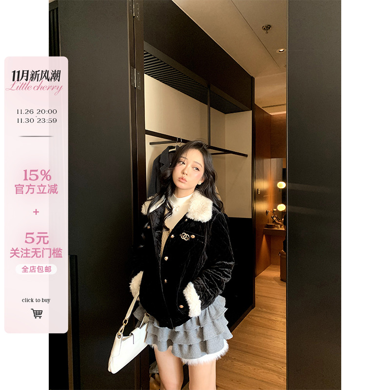 秋冬百搭菱形格绗棉丝绒保暖棉服