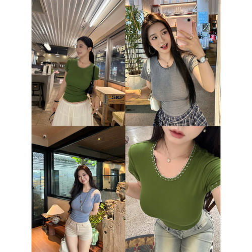 撞色绣花微胖显瘦正肩圆领修身T