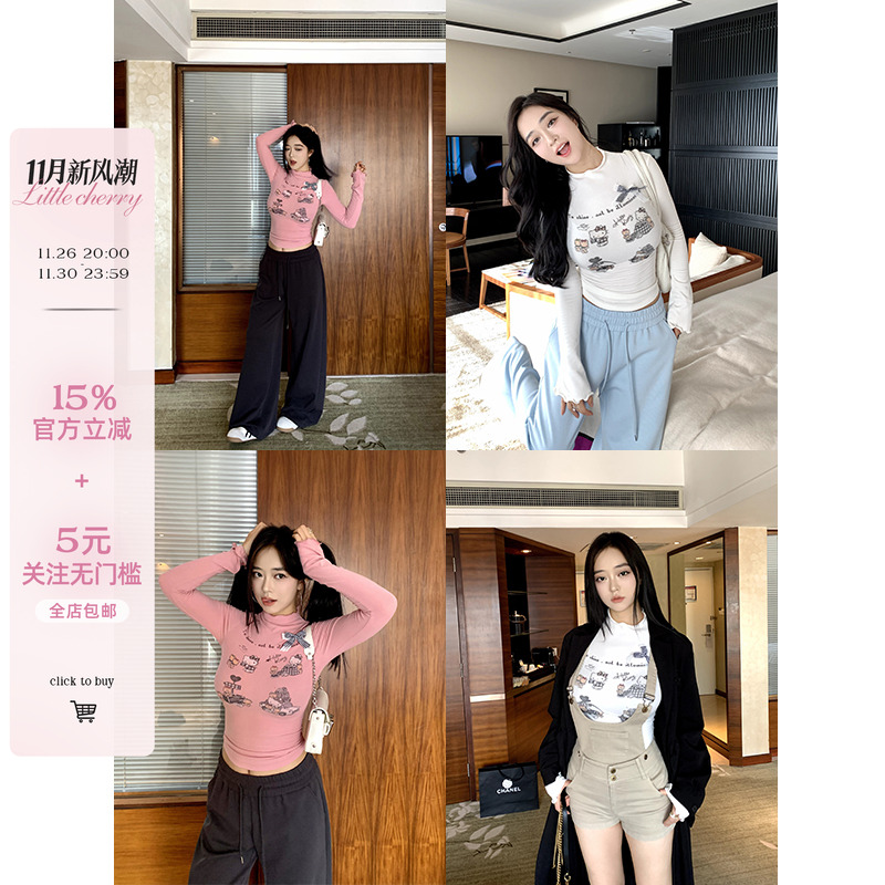 半高领木耳边可爱Kitty印花T恤女