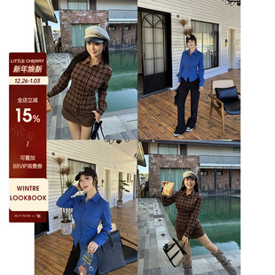 微胖收腰显瘦复古格纹显白简约纯色衬衫 棕蓝序曲 女 小cherry 肉装