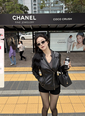 肉装小cherry 自由旅者 酷飒分割拼缝设计微胖翻领收腰皮衣外套女