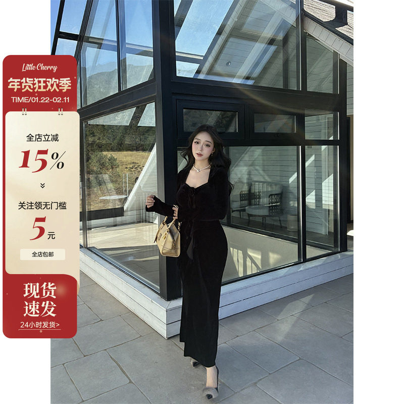 肉装小cherry 丝绒黑巧 微胖收腰显瘦光泽感花朵褶皱鱼尾连衣裙,女装/女士精品,连衣裙,淘宝优惠券,粉丝福利购,淘宝优惠卷