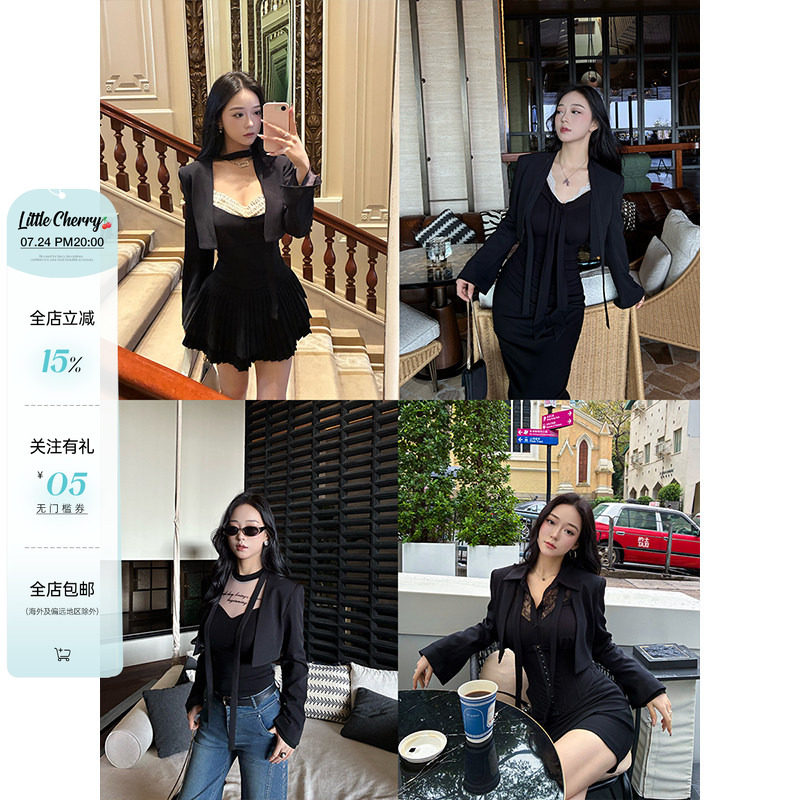 肉装小cherry 黄金比例 设计感V领飘带微胖带垫肩短款西装外套女
