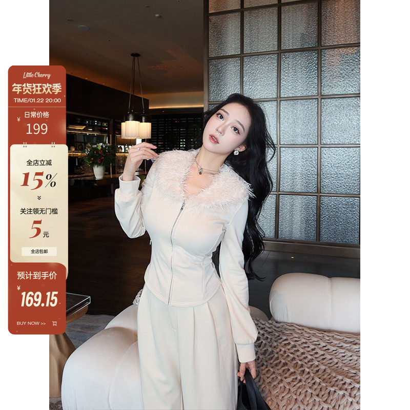 肉装小cherry 白色恋人 环保毛毛V领上衣微胖收腰显瘦修身外套女,女装/女士精品,短外套,淘宝优惠券,粉丝福利购,淘宝优惠卷