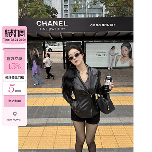 酷飒分割拼缝设计微胖翻领收腰皮衣外套女 自由旅者 肉装 小cherry