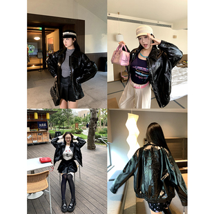 翻领蝴蝶结字母绣花时髦微胖宽松皮衣外套 酷飒都市 肉装 小cherry