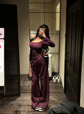 肉装小cherry 冷雾紫藤 一字肩带胸垫上衣女宽松阔腿卫裤微胖套装