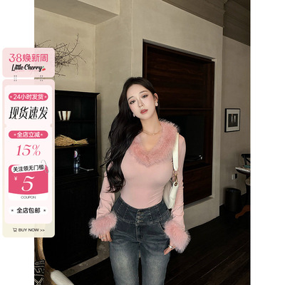 纯欲V领可拆卸毛毛针织修身上衣