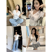 小cherry 微胖v领修身 棒球女高 肉装 双版 本tee 印花球衣短袖 T恤夏