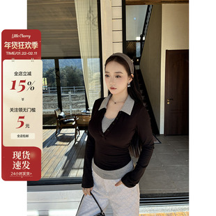 肉装小cherry 温软冬阳 微胖显瘦假两件拼接撞色polo领针织衫两色