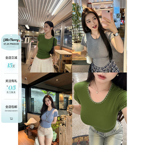 撞色绣花微胖显瘦正肩圆领修身T