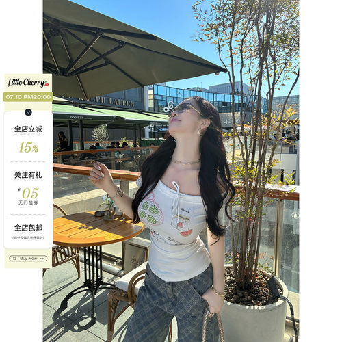 肉装小cherry 清凉一夏 甜美减龄微胖抽绳设计一字肩趣味印花T恤