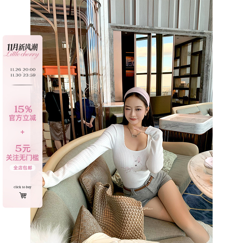 肉装小cherry 蝴蝶结小兔 微胖方领打底衫女针织提花修身长袖上衣