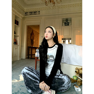 圆领拼接撞色微胖可爱印花正肩T恤女 黑皮Kitty2.0 肉装 小cherry