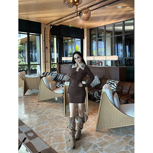 肉装小cherry 焦糖栗子 纯欲辣妹微胖毛领小坎肩系带假两件连衣裙