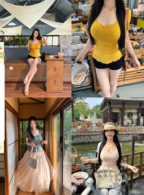 显瘦辣妹可拆卸U型环波浪边T恤