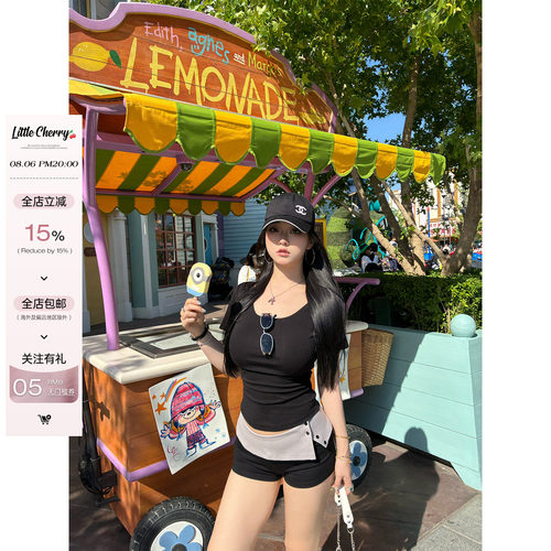 肉装小cherry 黑渊白简 夏季微胖辣妹翻边撞色热裤中低腰包臀短裤