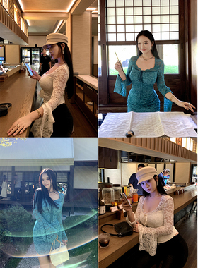 肉装小cherry 蕾丝絮语 纯欲开叉喇叭斜袖上衣微胖遮肉气质连衣裙