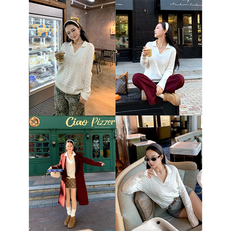 微胖翻领+V领复古麻花纹休闲毛衣