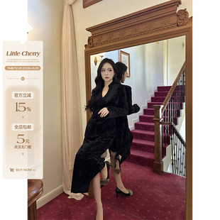 V领垫肩微胖显瘦国风竹节丝绒包臀直筒连衣裙 沉香 肉装 小cherry