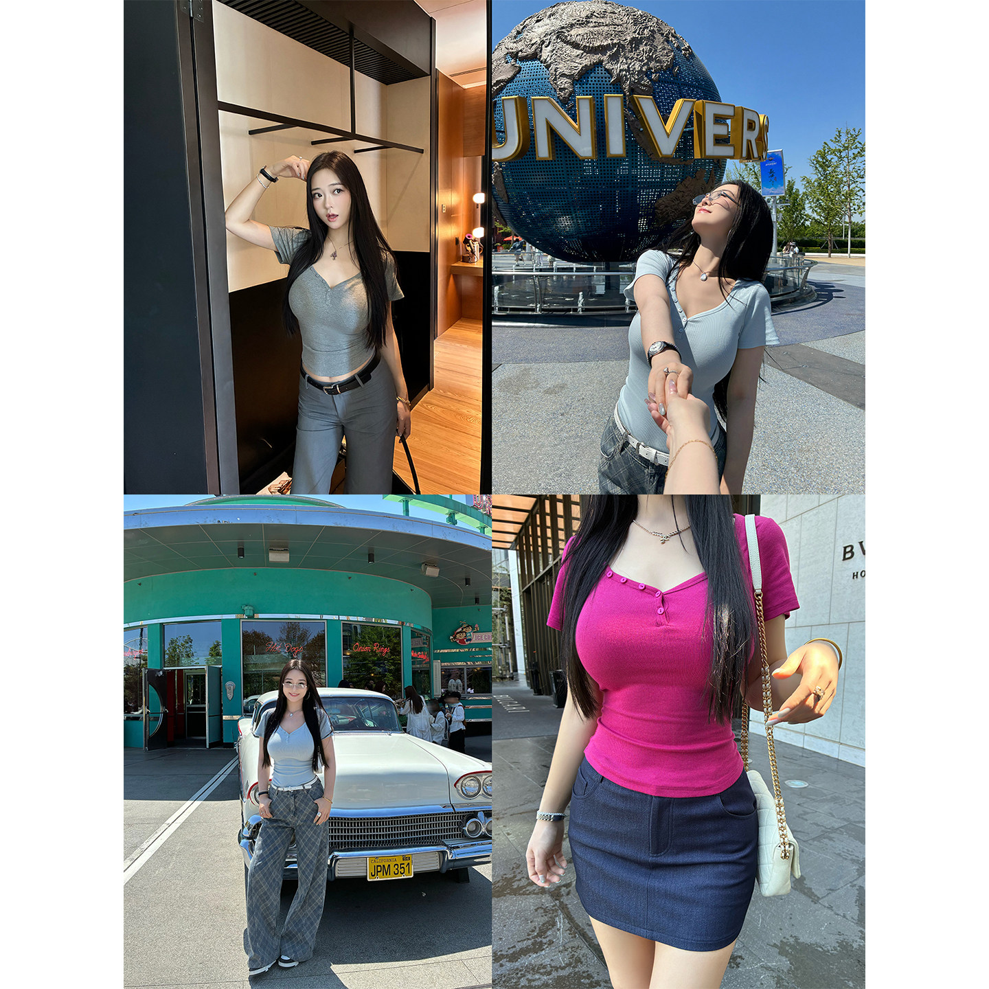 肉装小cherry 糖霜星球 夏季微胖百搭半开襟设计贝壳扣修身上衣女