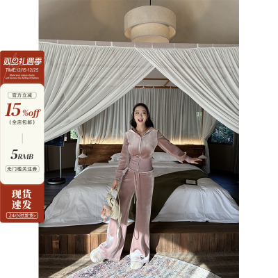 大兜帽外套高腰直筒裤丝绒套装女