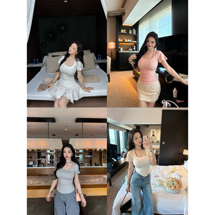 肉装小cherry 极简叙美 显瘦方领微胖百搭修身T恤女舒适收腰上衣