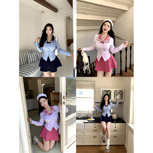 小cherry 松紧腰半裙套装 甜系新风 衬衫 微胖撞色翻领条纹长袖 肉装