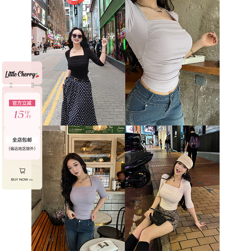 肉装小cherry 简系日记 方领褶皱中袖弧形摆微胖修身百搭上衣多色