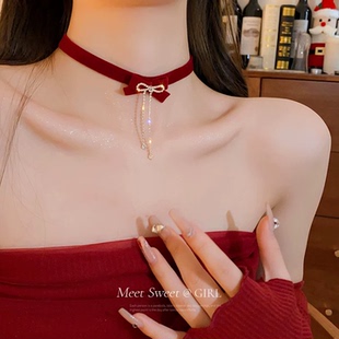 红色颈饰丝绒蝴蝶结颈链choker颈带丝带锁骨项链女礼服脖子配饰