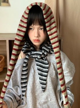 条纹披肩三角巾头巾针织围巾女秋冬多功能小围脖复古保暖护颈外搭