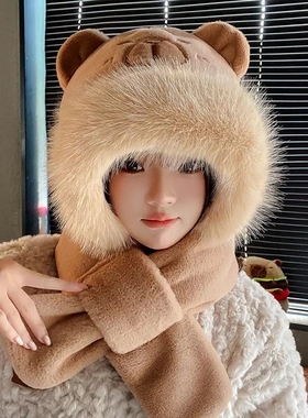 带帽围巾女一体韩版卡皮巴拉帽子冬季可爱百搭保暖手套围脖三件套